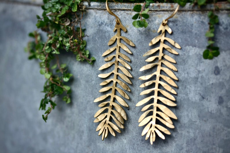 Gold Leaf Earrings Made From Raw Brass That Has Been Beaten and Hammered Bohemian, handmade nature style earrings image 2