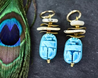 Blue Scarab Earrings, 18k Gold Hoops, Egyptian Jewelry