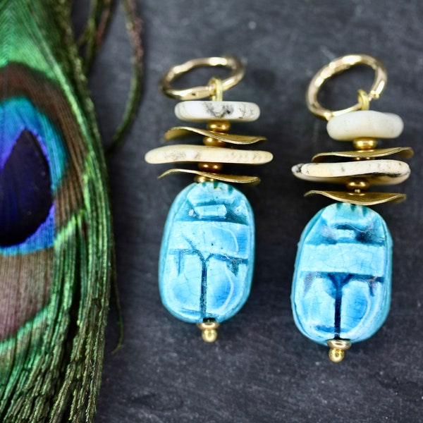 Egyptian Earrings, scarab earrings beetle earrings gold boho earrings gold earrings blue earrings blue scarab ancient earrings hoop earrings