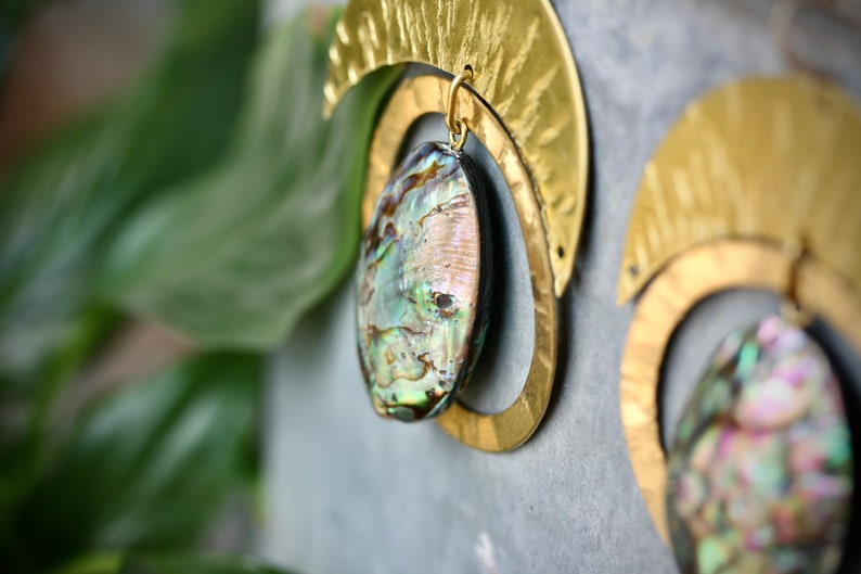 Large Statement gold earrings, mother of pearl earrings bohemian earrings regal earrings abalone shell earrings Etsy's pick big earrings image 6