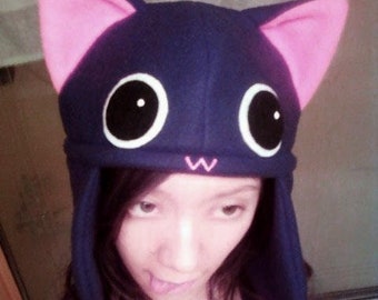 Made-to-Order / NYANKURO the Cat Fleece Aviator Hat / BLACK + PINK with Ear Flaps and Ties Anime Neko Kitty Hat Original Character by Akana