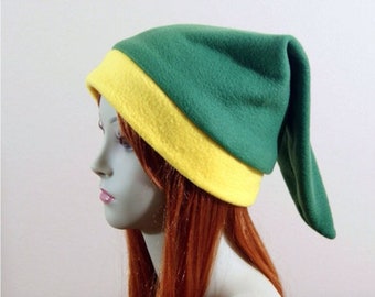 Handmade Link Inspired Green and Yellow Elf Hat - Fleece Cosplay Elf Cap, Gaming Costume Accessory