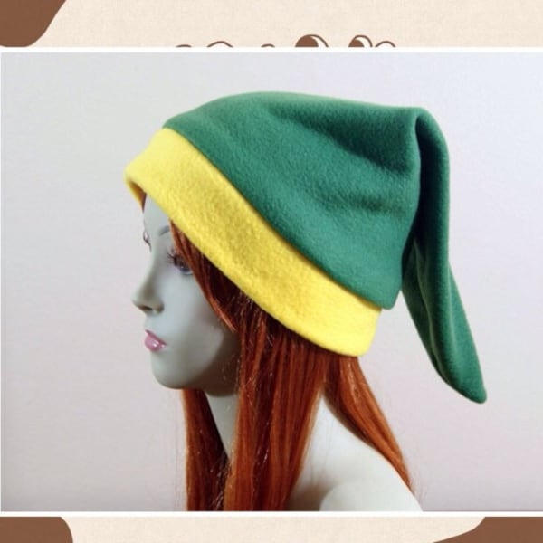 Handmade Link Inspired Green and Yellow Elf Hat - Fleece Cosplay Elf Cap, Gaming Costume Accessory