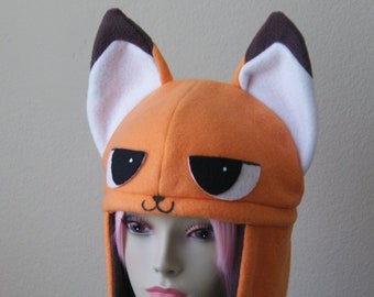 Made-to-Order / HUNTER the Fox Fleece Aviator Hat / ORANGE + BROWN with Ear Flaps and Ties Anime Fox Hat Original Character by Akana