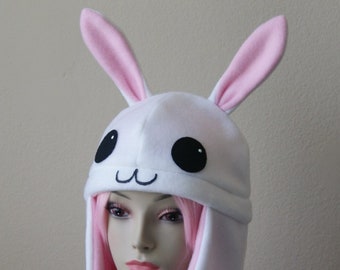 Made-to-Order / PUFFLE the Rabbit Fleece Aviator Hat / WHITE + PINK with Ear Flaps and Ties Anime Usagi Bunny Original Character by Akana