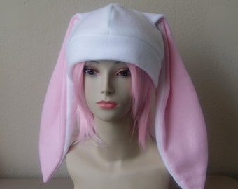 White & Pastel Pink Fleece Bunny Rabbit Long Ear Hat – Handmade Animal Ears Cosplay Beanie Size 23" One Size Fits Most Teens and Adults