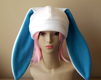 White & Bright Blue Fleece Bunny Rabbit Long Ear Hat – Handmade Animal Ears Cosplay Beanie Size 23" One Size Fits Most Teens and Adults