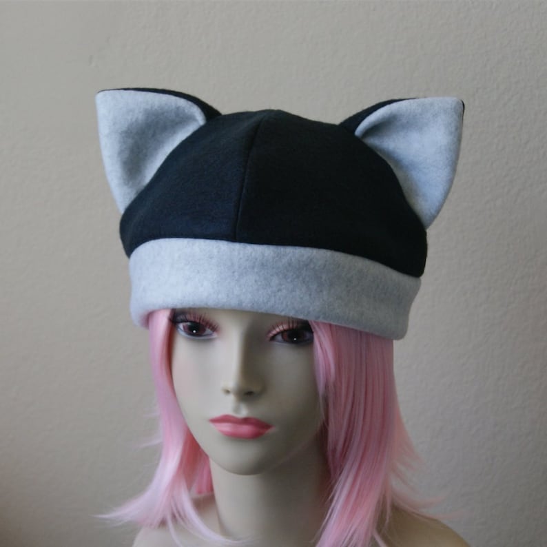 Made-to-Order Fleece Cat Hat BLACK LIGHT GREY Beanie Style Cap Cute Anime Neko Cosplay Cat Ears Kitty Ears Kawaii