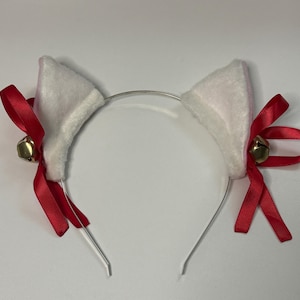 White Short Fur Kitty Cat Cosplay Ears Set with Red Bows and Gold Bells + Black 3mm Metal Headband