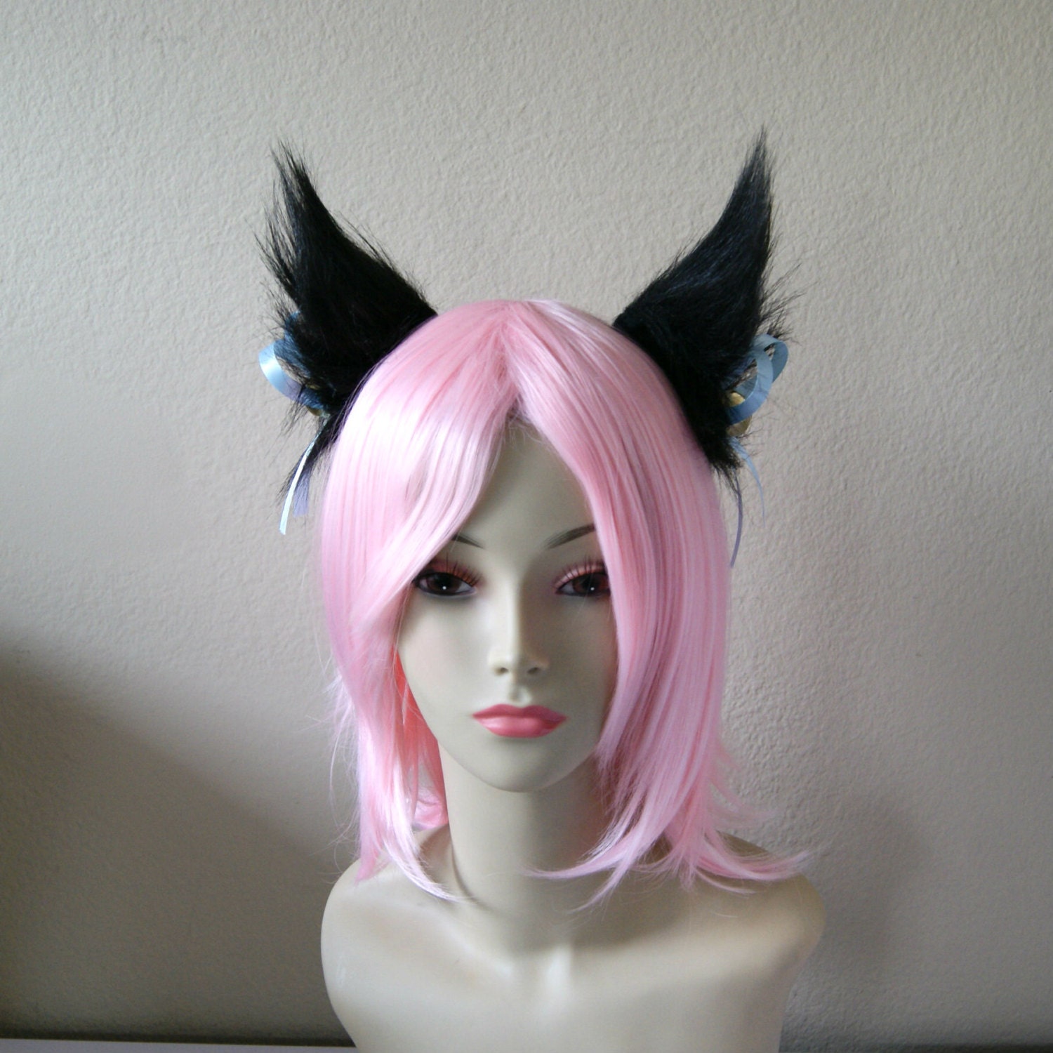 Black Long Fur Kitty Cat Cosplay Ears Set with Pastel Blue ...