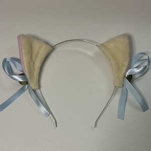 Beige Short Fur Kitty Cat Cosplay Ears Set with Pastel Blue Bows and Gold Bells + Black 3mm Metal Headband