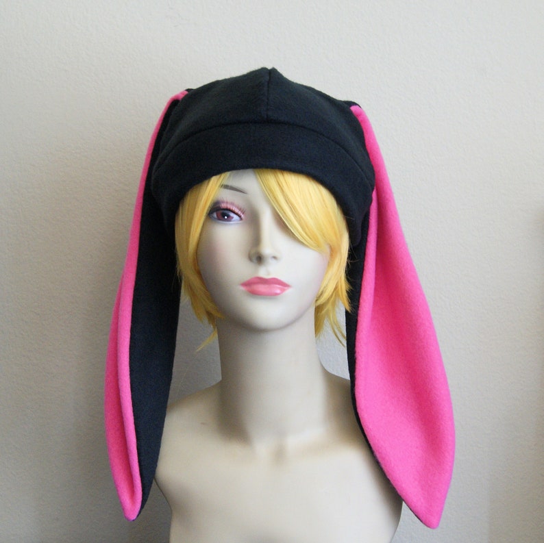 MadetoOrder / Fleece Rabbit Hat / BLACK HOT PINK Beanie Etsy