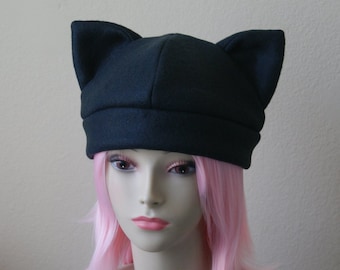 Made-to-Order / Cute Cat Ear Hat - Solid Black Cat Beanie, Kitty Ears Animal Cosplay Gift, Handmade