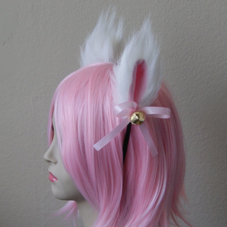Made-to-Order White Long Fur Kitty Cat Cosplay Ears Set with Pink Bows and Gold Bells Silver 3mm Metal Headband