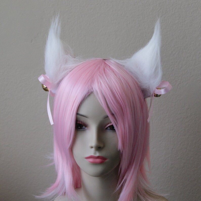 Made-to-Order White Long Fur Kitty Cat Cosplay Ears Set with Pink Bows and Gold Bells Silver 3mm Metal Headband