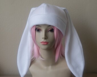 Handmade Long Ear Bunny Rabbit Beanie Hat – White & Pink, Anime Cosplay, Roger Rabbit Style