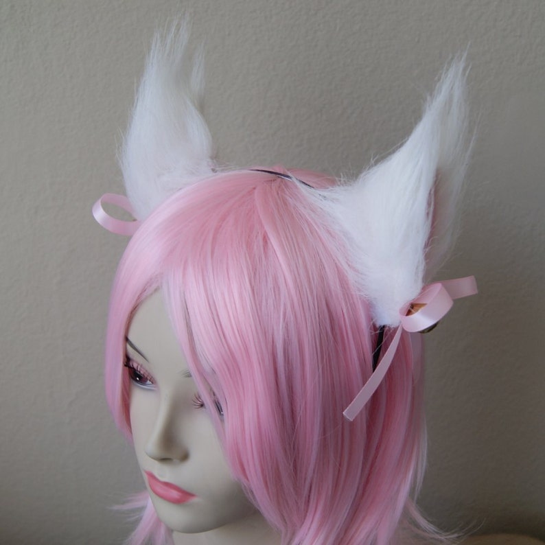 Made-to-Order White Long Fur Kitty Cat Cosplay Ears Set with Pink Bows and Gold Bells Silver 3mm Metal Headband