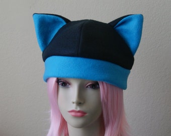 Fleece Cat Hat / BLACK + BRIGHT BLUE Beanie Cap Cute Anime Cosplay Kitty Ears Size 23" One Size Fits Most Teens and Adults