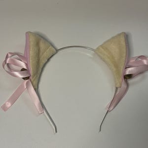 Beige Short Fur Kitty Cat Cosplay Ears Set with Pink Bows and Gold Bells + Black 3mm Metal Headband