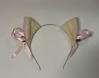 Beige Faux Fur Kitty Cat Ears Headband – Pink Bows Cosplay, Handmade