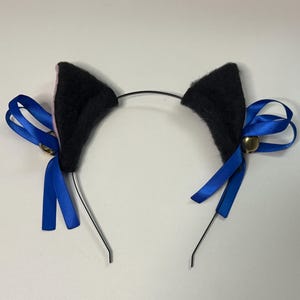 Black Short Fur Kitty Cat Cosplay Ears Set with Blue Bows and Gold Bells + Black 3mm Metal Headband
