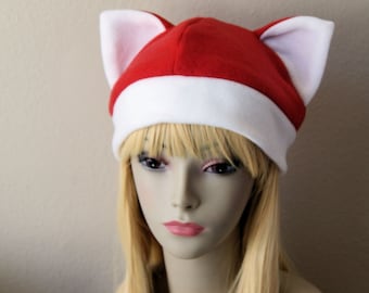 Santa Claws Fleece Cat Hat / RED + WHITE Beanie Cute Anime Cosplay Kitty Ears Christmas - Ready to Ship
