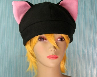 Handmade Black & Pink Cat Ear Beanie – Cosplay Kitty Hat Size 23" One Size Fits Most Teens and Adults