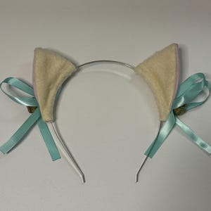 Beige Short Fur Kitty Cat Cosplay Ears Set with Teal Bows and Gold Bells + Black 3mm Metal Headband