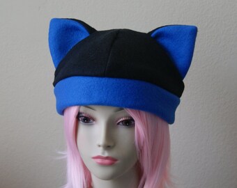 Handmade Fleece Cat Ear Beanie - Black & Royal Blue Kitty Hat Size 23" One Size Fits Most Teens and Adults