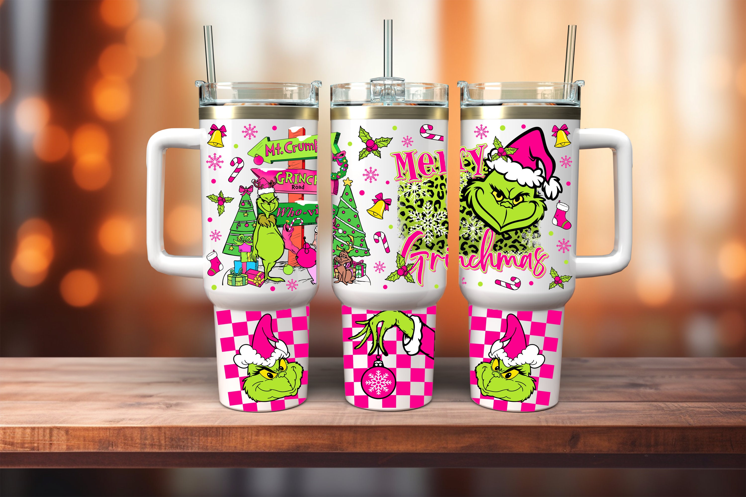 Pink Christmas Grinch 40oz Tumbler With Handle & Straw 