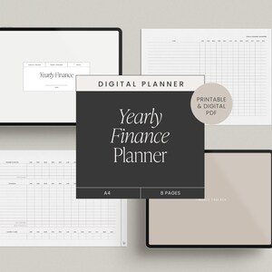 May include: A digital planner for tracking yearly finances. The planner is available in printable and digital PDF formats. The cover is black with white text that reads "Yearly Finance Planner". The planner is A4 size and has 8 pages.
