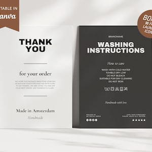 Moderne Pflege Karte Vorlage, bearbeitbare Pflege Anweisungen, Danke Karte Canva, Hemd Pflege Karte, Kleidungsstück Pflege Karte, Mode Canva Vorlage