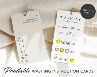 May include: Printable washing instruction cards with a yellow and black design. The cards include the text "Washing instructions" and "Lonely Planner". The cards also include a set of icons for washing, drying, and ironing.