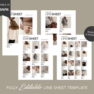 May include: A line sheet template for a clothing brand. The template features a white background with black text and images of clothing items. The text includes the company name, "LINE SHEET", and the season and year of the collection. The images are of various clothing items, including shirts, trousers, dresses, and accessories. The template is fully editable in Canva.
