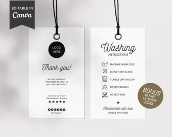 Könnte beinhalten: Weiße Anhängeetiketten mit schwarzem Text und schwarzem Faden. Ein Etikett sagt "Danke!" mit Platz für ein Logo und Social-Media-Icons. Das andere Etikett zeigt Wäschezeichen und Waschanweisungen.