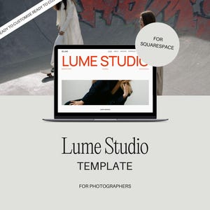 May include: A laptop computer displaying a website for Lume Studio, a photography template for Squarespace. The website features a photo of a woman wearing a black jacket and a gold ring.