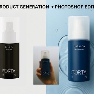 Puede incluir: Un frasco de spray fijador azul marino con tapa blanca, etiquetado "Lock & Go" y "FORTA". La imagen muestra el producto antes y después de la edición de Photoshop, con el texto "AI PRODUCT GENERATION + PHOTOSHOP EDITING".