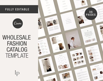 Puede incluir: Una plantilla de catálogo de moda al por mayor de 36 páginas diseñada para usar con Canva. La plantilla presenta una estética minimalista con una paleta de colores neutros e incluye páginas para descripciones de productos, tablas de tallas e información de contacto.