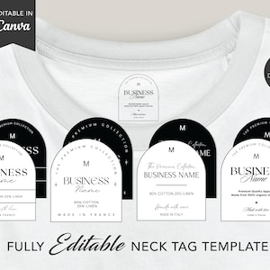 Puede incluir: Una camiseta blanca con varias plantillas de etiquetas para el cuello en blanco y negro. Las etiquetas incluyen el texto "BUSINESS NAME", "80% COTTON 20% LINEN" y "MADE IN FRANCE" o "MADE IN ITALY". También se ven las palabras "EDITABLE IN Canva" y "INSTANT DOWNLOAD".