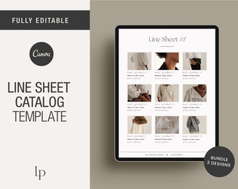 May include: A digital line sheet template for a clothing catalog. The template is divided into nine squares, each with a product image and product information. The template is designed in a minimalist style with a white background and black text. The text at the top of the template reads "Line Sheet #1". The text at the bottom of the template reads "BUSINESS NAME LIVESHEET".
