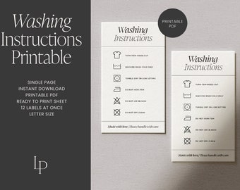 May include: Printable washing instructions sheet with 12 labels. The sheet includes icons for turning the item inside out, machine wash cold only, tumble dry on low setting, do not iron, do not use bleach, and do not dry clean. The text "Made with love / Please handle with care" is at the bottom of the sheet.