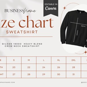 May include: Size chart for Gildan 18000 heavy blend crew neck sweatshirts. The chart shows the width and length measurements in inches for sizes S, M, L, XL, 2XL, and 3XL.