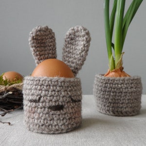 May include: Two crocheted bunny-shaped egg holders, one holding a brown egg and the other holding a potted onion plant with green shoots.