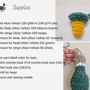 May include: Crochet supplies for making a green and yellow amigurumi toy. The supplies include yarn in various colors, crochet hooks, and fiberfill.