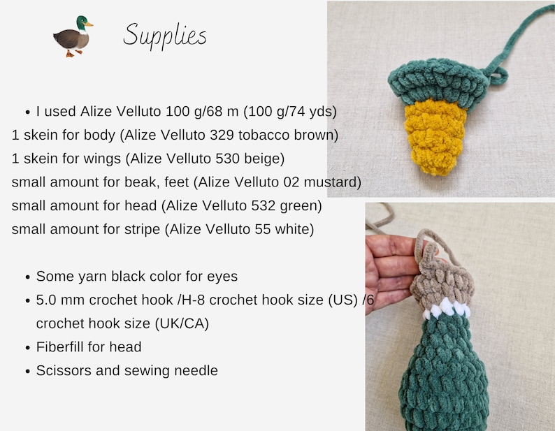 May include: Crochet supplies for making a green and yellow amigurumi toy. The supplies include yarn in various colors, crochet hooks, and fiberfill.