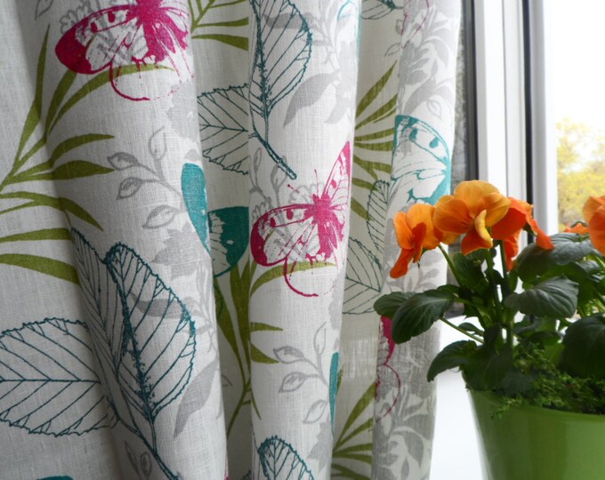 Pair Natural Linen Drapery Panels Tropical Butterfly Fabric Etsy