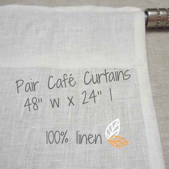 Pair Cafe Curtains 48 X 24 Inch White Linen Panels Fiber Etsy
