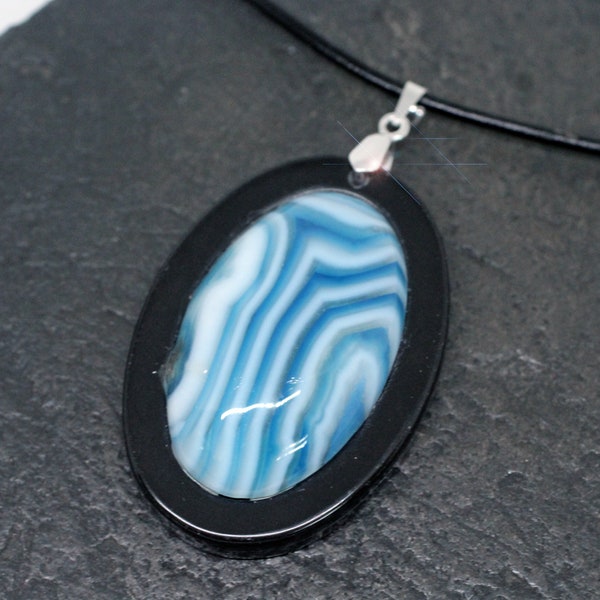 Blue Banded Agate and Black Onyx Intarsia Gemstone Pendant with Sterling Silver Leather Necklace- 30mm x 45mm