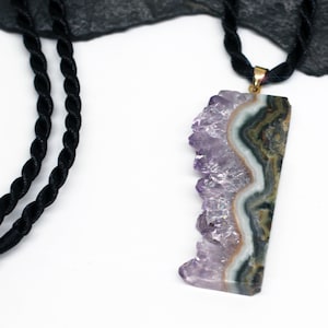Amethyst Druzy Geode Slice Gemstone Pendant on Hand-braided Nylon Cord Necklace - 20mm x 53mm