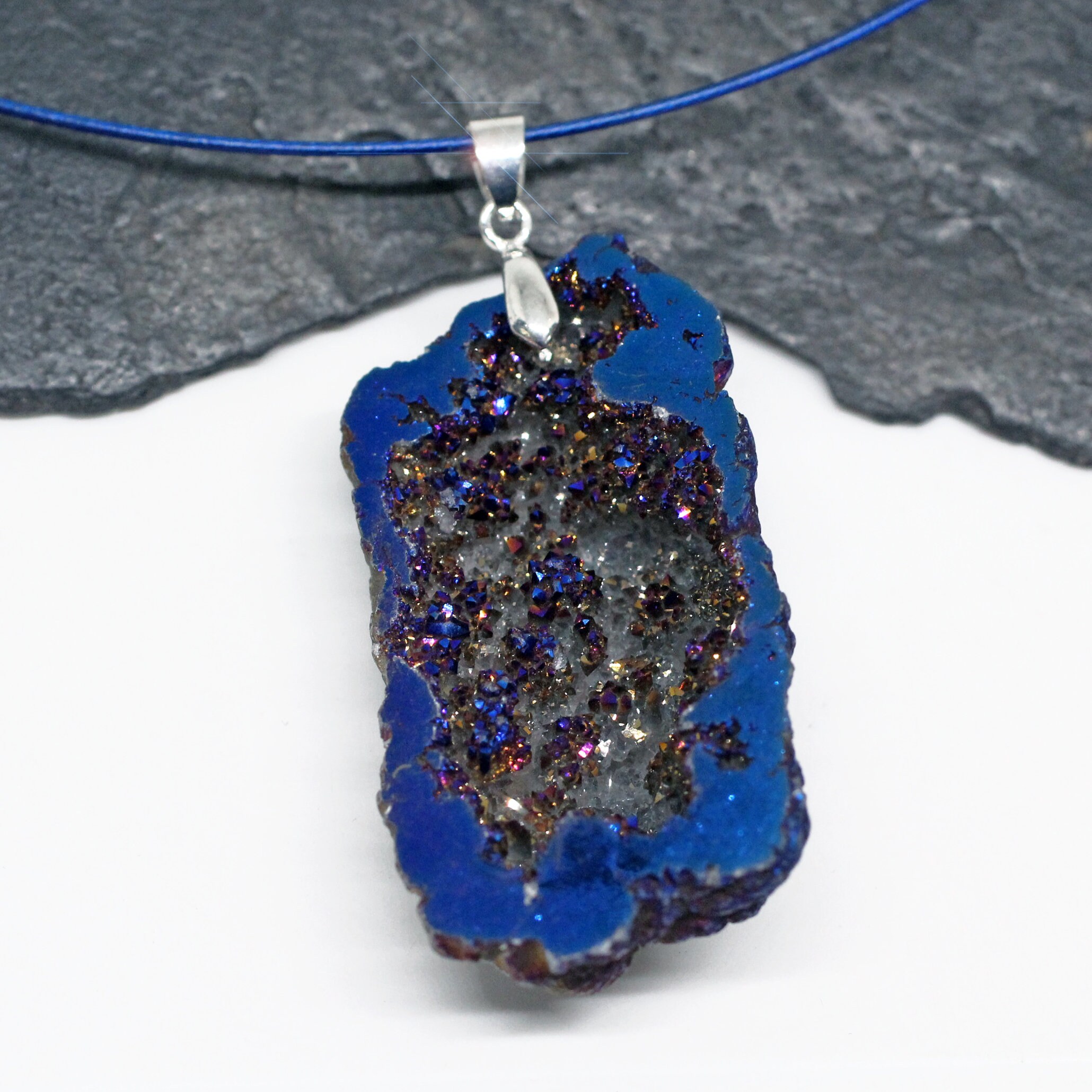Cobalt Blue Titanium Agate Druzy Half Geode Gemstone Pendant With Wire ...
